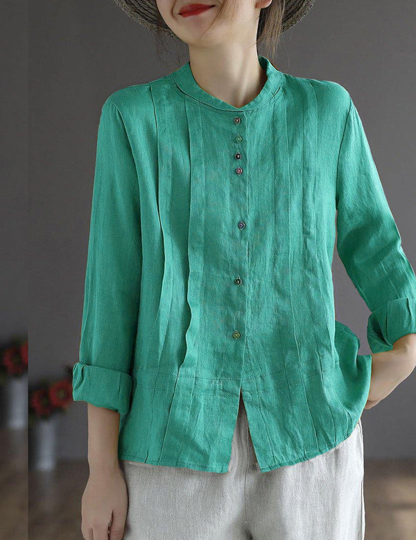 Women Bright blue  Elegant Button Fall Top Long Sleeve Linen