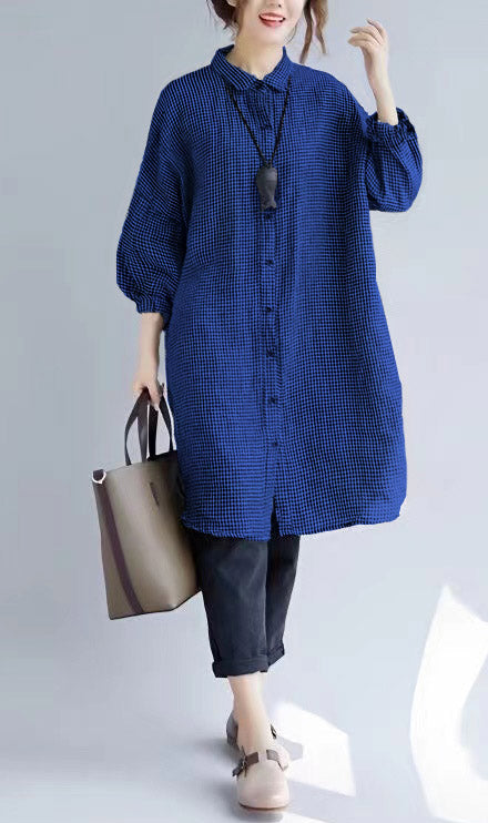 stylish Blue Plaid cozy cotton t shirt oversize Turn-down Collar cotton blouses Fine long sleeve tops