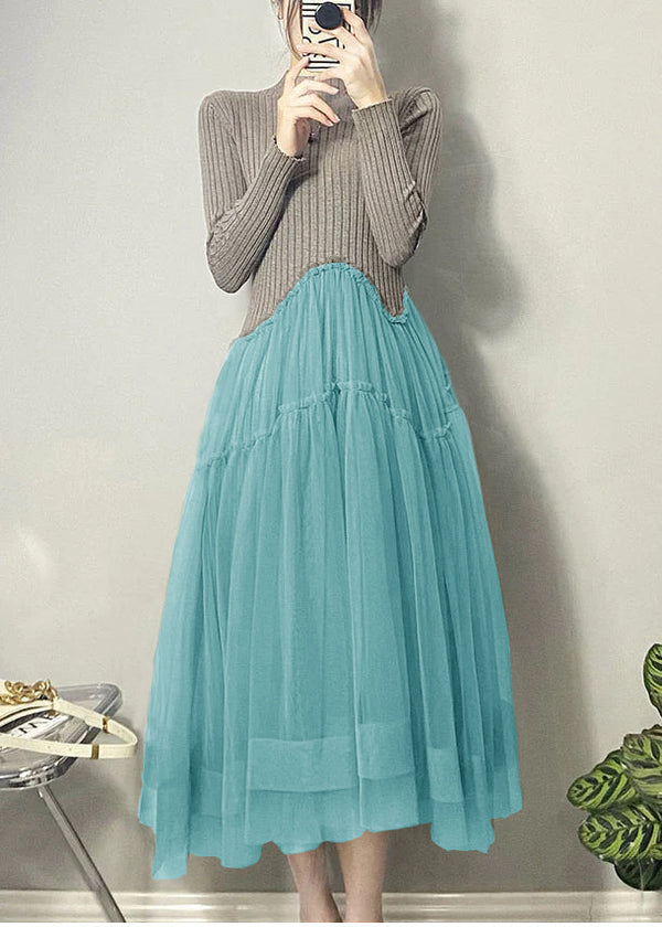 Beautiful Blue Asymmetrical Tulle Patchwork Long Dresses Fall
