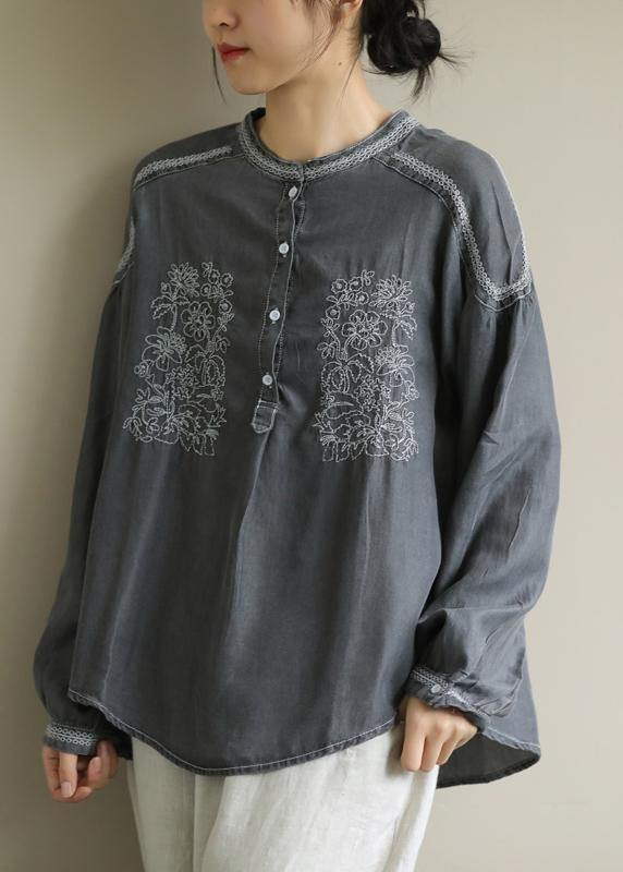 DIY dark gray Shirts o neck embroidery daily shirt