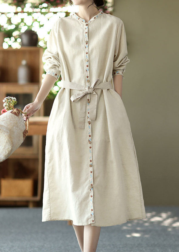 Linen Colour Pockets Patchwork Linen Long Dress Tie Waist Long Sleeve