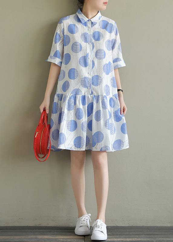 Natural lapel half sleeve chiffon quilting dresses Inspiration blue dotted Dress summer