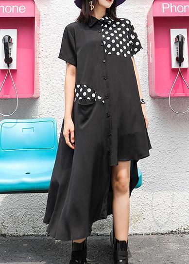 Style lapel asymmetric chiffon Robes boutique Tutorials black dotted Dress Summer