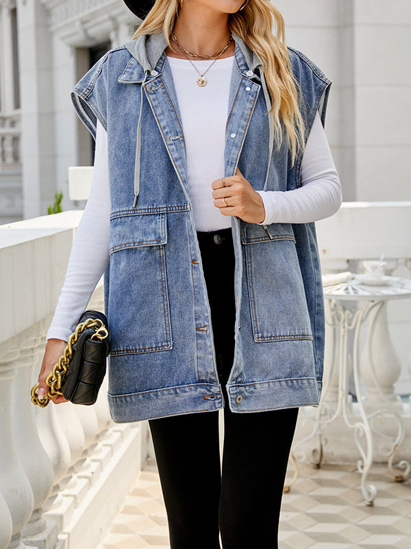 Loose Sleeveless Buttoned Detachable Hooded Pockets Split-Joint Lapel Collar Vest Outerwear