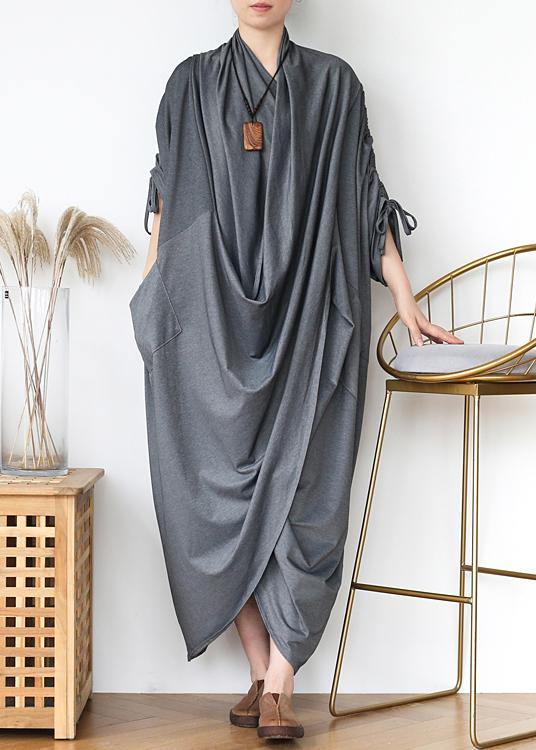 DIY v neck asymmetric cotton clothes Fabrics gray Maxi Dresses