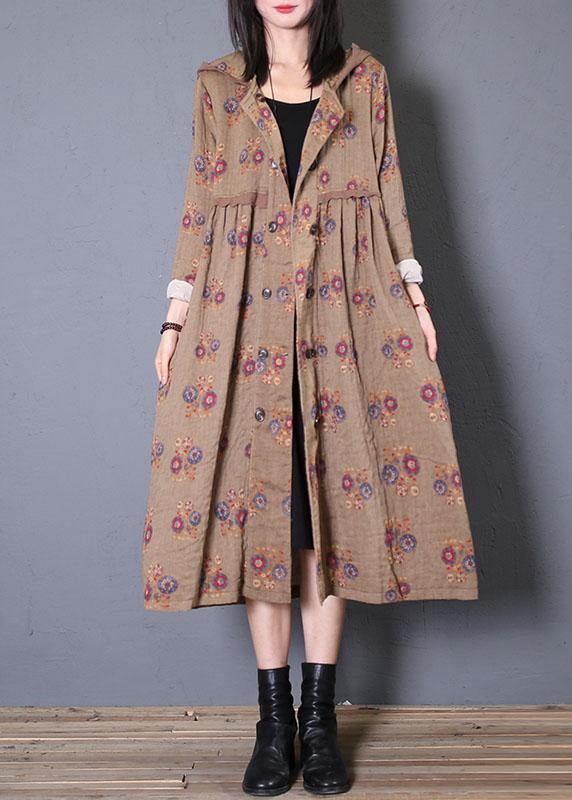 Fashion oversized coat fall khaki print hooded Cinched Coats