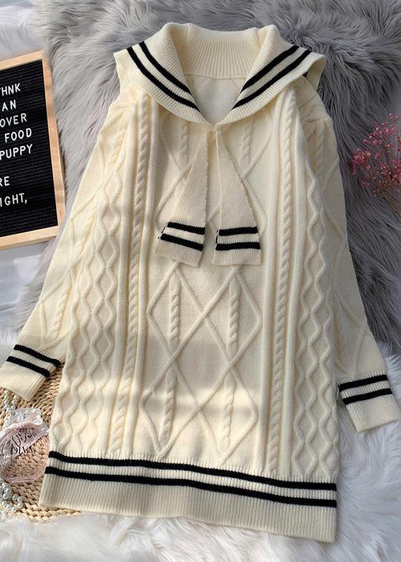 Knitted high neck patchwork Sweater fall dresses plus size beige daily sweater dresses