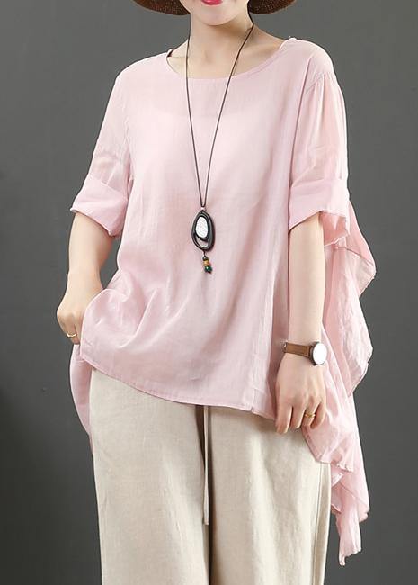 Organic pink linen clothes For Women o neck half sleeve silhouette shirt