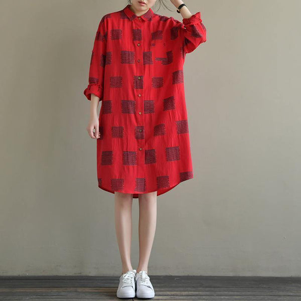 Elegant red Plaid Cotton quilting clothes lapel Button Down daily spring Dress