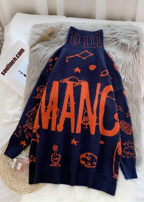 Cute alphabet prints navy knitwear  plus size high neck knit blouse