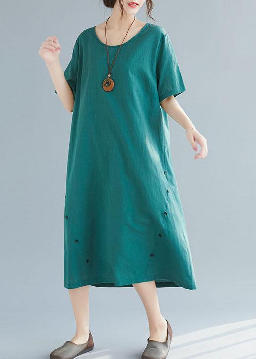 Elegant green Button decorated linen dresses wild summer Dresses