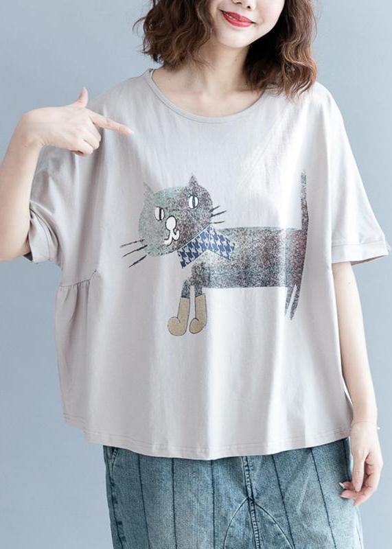 Handmade Women Plus Size Gray Short Sleeve cotton shirts Animal Round Neck Blouse