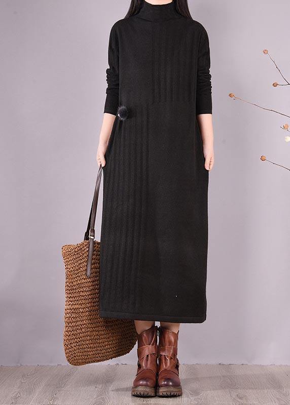 Women High Neck Spring Wardrobes Sleeve Black Robe Dress