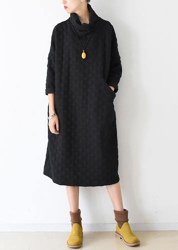 Handmade high neck fall dress pattern black dotted loose Dress