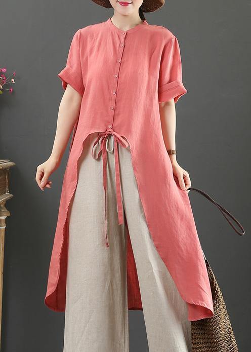 Loose stand collar asymmetric linen shirts Tutorials red tops