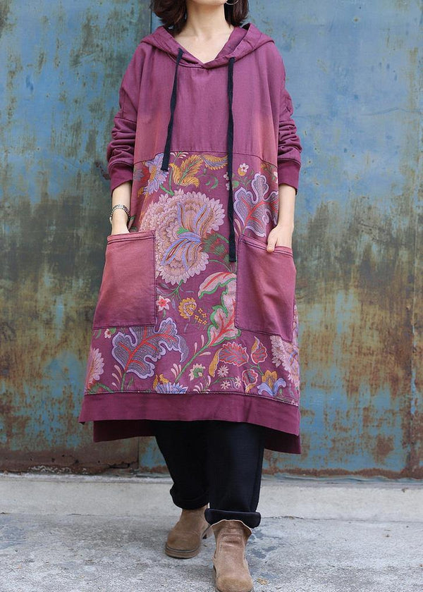 Elegant purple cotton Tunics prints long big pockets Dress