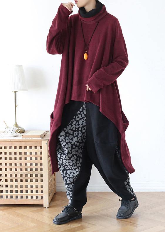 spring high neck red knit sweat tops plus size clothing asymmetric hem knit blouse