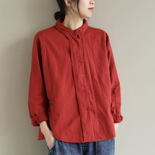 Unique Orange Red Tunic Top Lapel Button Down Spring Blouse