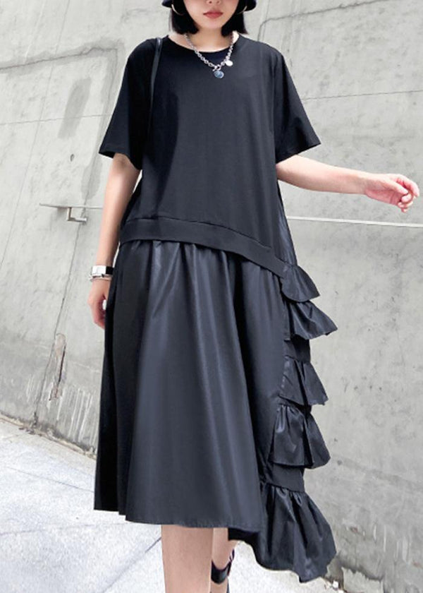 Women ruffles cotton summer outfit Work black patchwork cotton Dresses