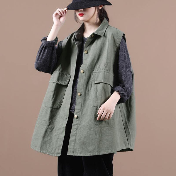 Simple green clothes For Women lapel sleeeless box fall top