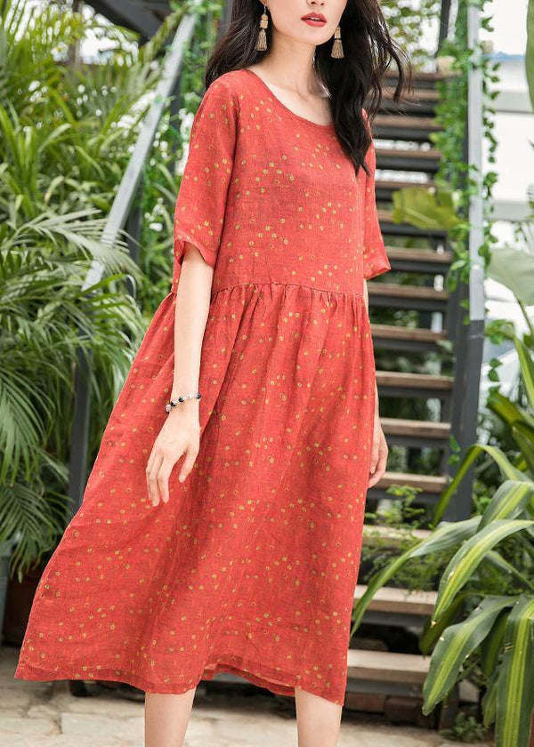 French red dotted linen dresses o neck patchwork long summer Dress