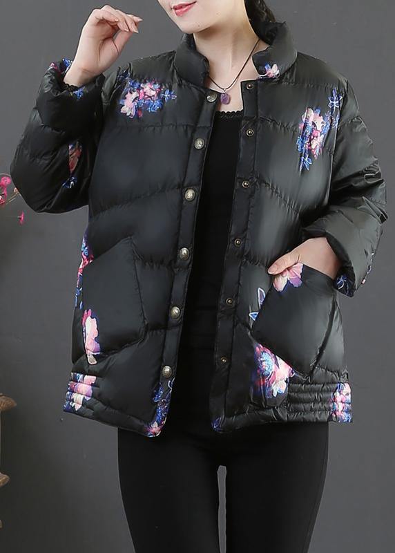 Elegant black print warm winter coat Loose fitting womens parka stand collar pockets Fine overcoat