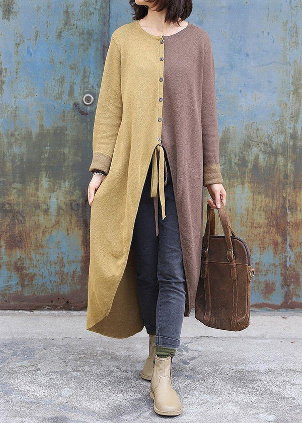 Cozy khaki patchwork yellow fall fashion o neck asymmetric hem knit outwear