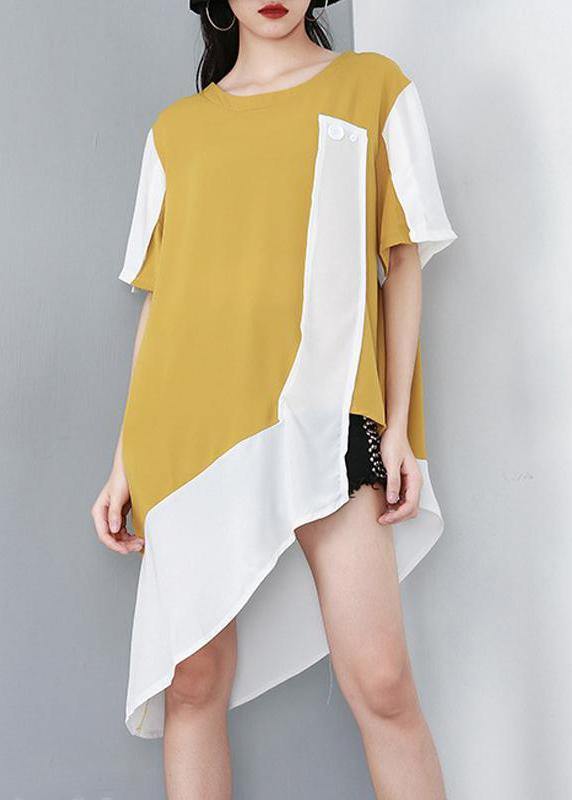 Modern Yellow top silhouette Organic Personality Loose Spliced Irregular Chiffon T-Shirt