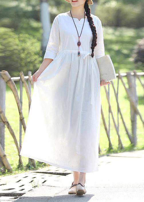 Women v neck Three Quarter sleeve linen cotton Long Shirts Vintage Tutorials white Traveling Dresses Summer