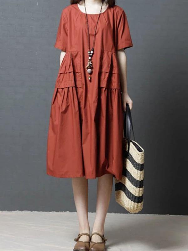 Italian o neck pockets Cotton clothes For Women Outfits red Dress