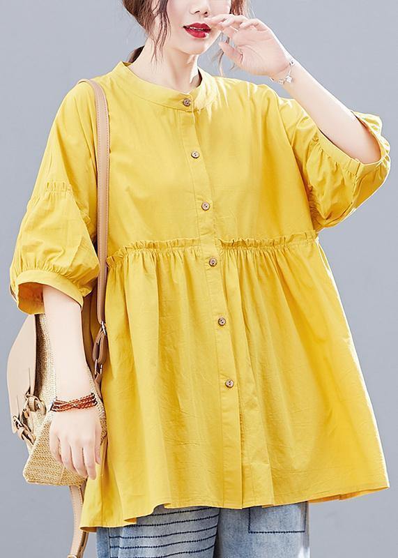 Bohemian yellow lantern sleeve cotton blouses for women stand collar Art summer shirts