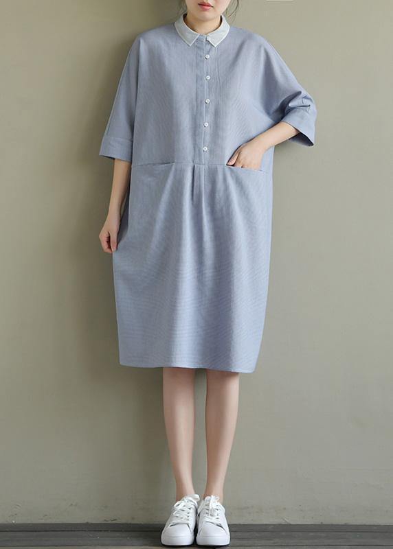 Simple lapel pockets linen dresses Ideas blue gray Plaid Dress summer