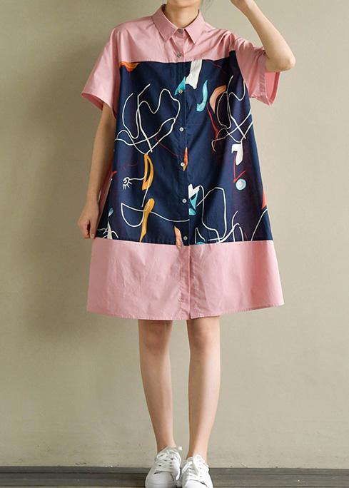 Women pink Cotton quilting clothes lapel patchwork Knee summer Dress