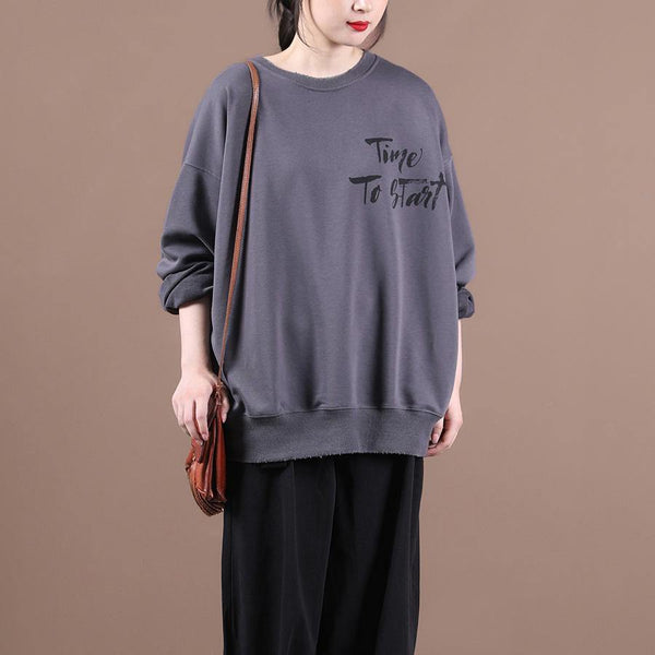 Handmade o neck baggy fall clothes For Women design dark gray Letter top