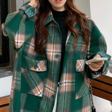 Bohemian Lapel Pockets Spring Shirts Green Plaid Top