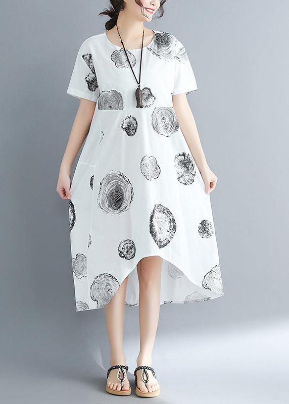 Organic o neck patchwork cotton linen dresses Casual Shirts white dotted Art Dresses Summer