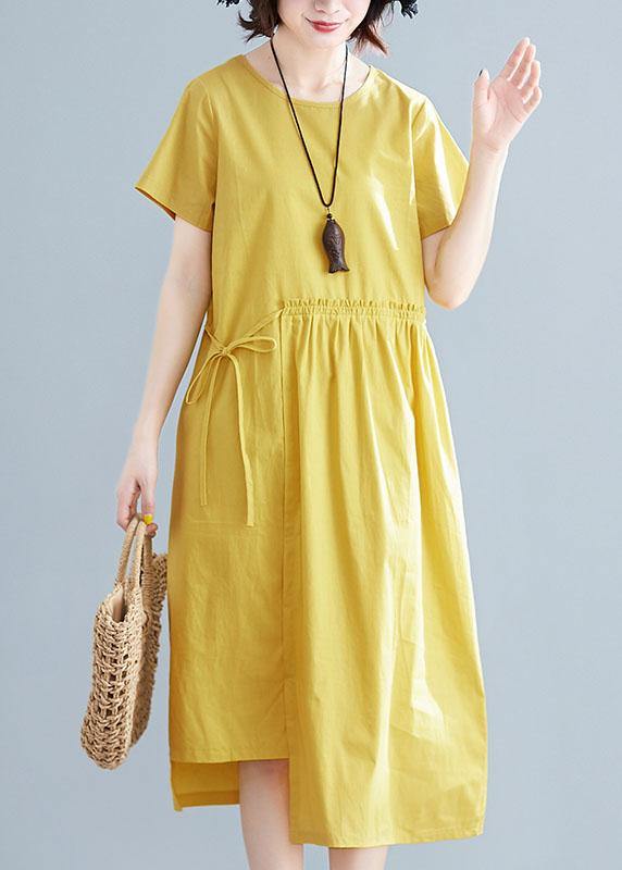2021 Natural yellow linen cotton Robes o neck drawstring Maxi summer Dresses