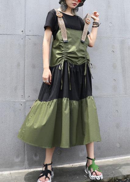 Simple army green sleeveless cotton Long Shirts drawstring Robe summer Dress