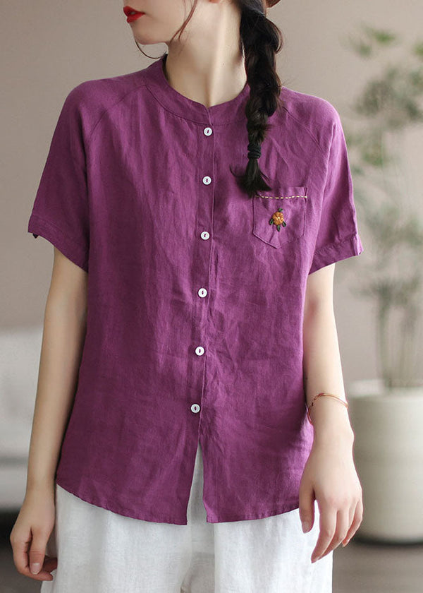 Women Purple Embroidered Pocket Linen Shirt Top Short Sleeve