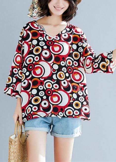 Style v neck cotton shirts Work Outfits red prints top summer