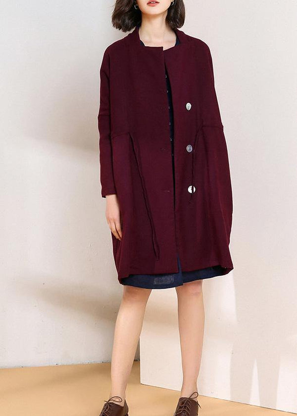 Classy burgundy fine trench coat Shape drawstring double breast women coats