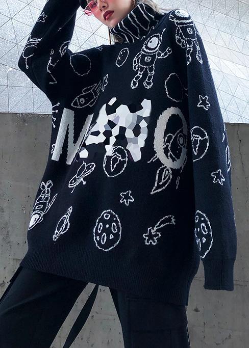 Cute black Cartoon print knitted t shirt casual high neck knit sweat tops