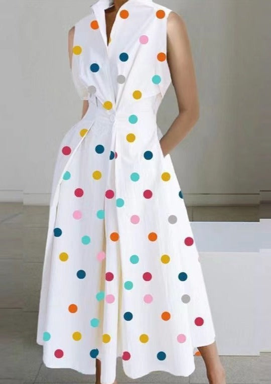 2022 White-small dots Peter Pan Collar Pockets Cotton Dress Long Sleeve