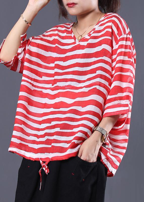 Handmade drawstring hem cotton tunics for women Sleeve red striped shirts summer