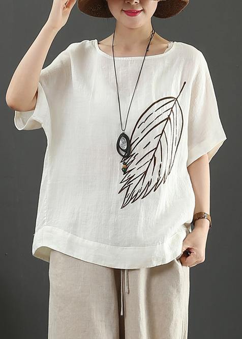 Women white linen tops o neck baggy summer blouse