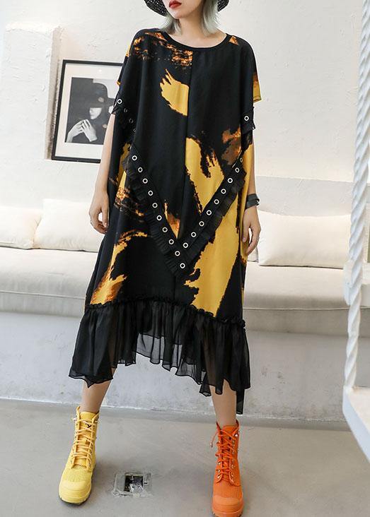 Organic ruffles hem chiffon Wardrobes pattern black prints robes Dresses summer