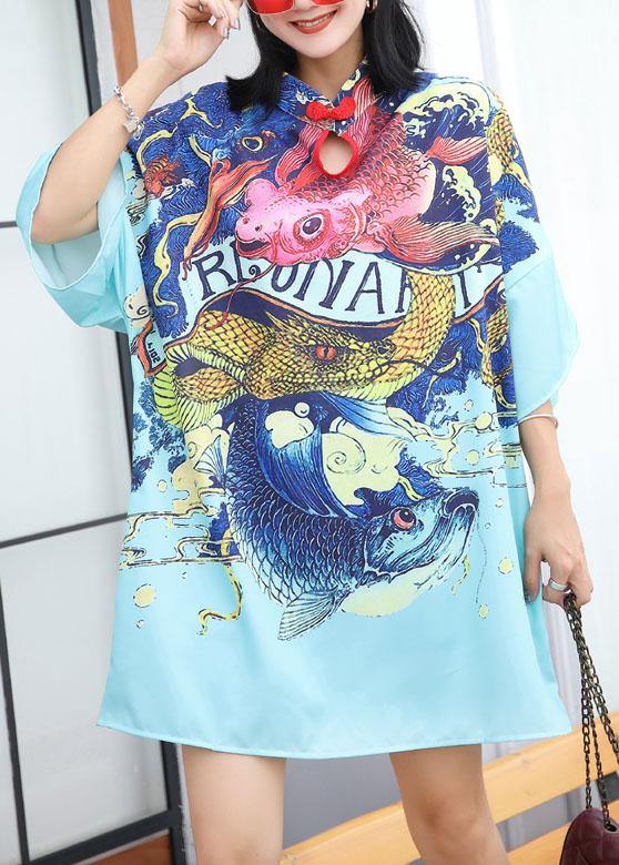 Modern prints Cotton clothes Sewing blue Chinese Button Dress summer