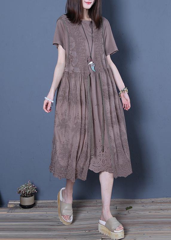 Classy chocolate Cotton Wardrobes o neck two pieces Knee summer Dresses