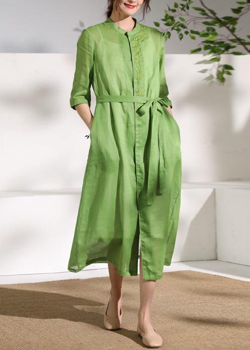 French green embroidery linen Robes stand collar Dress