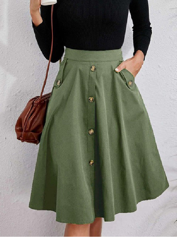Casual A-Line Buttoned Pleated Solid Color Skirts